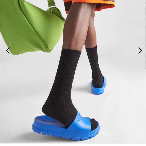 PRADA LOGO BLUE RUBBER SANDALS SLIDES - Picture 5 of 12